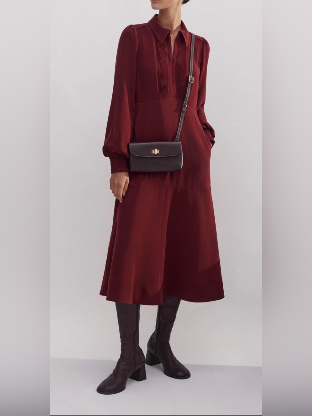 ME + EM Crepe Pintuck Detail Midi Dress in Intense Red Size 10